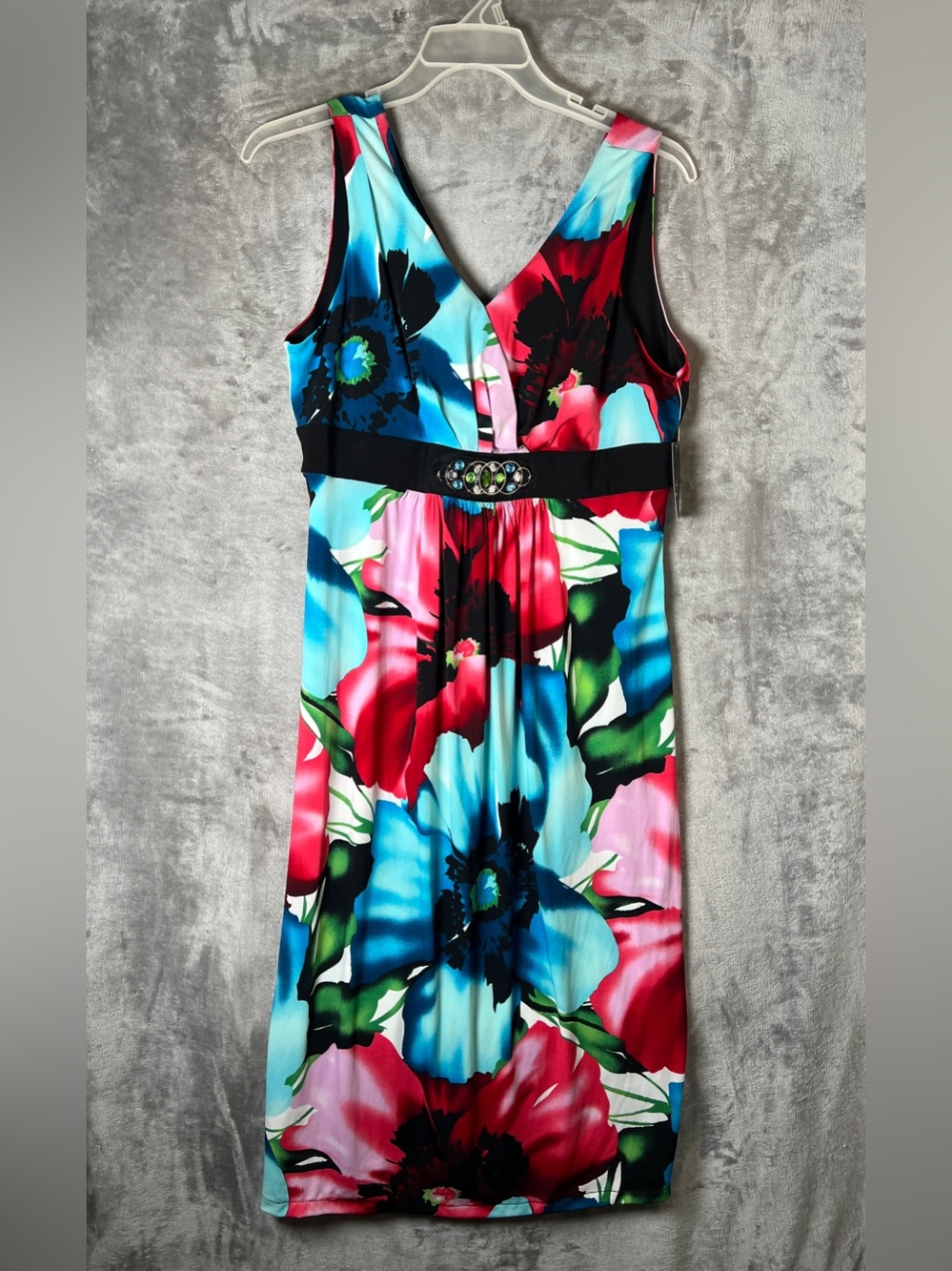 Ronni Nicole Multi-Color Floral V-Neck Midi Dress with Jeweled Waist